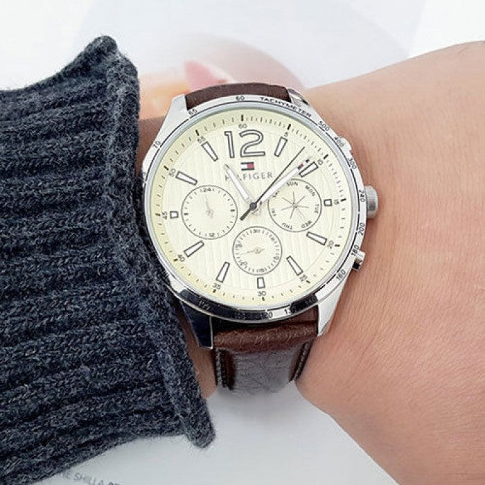  Shop Authentic Tommy Hilfiger Gavin Chronograph White Dial Brown Leather Strap Watch for Men - 1791467 - Luxxuri