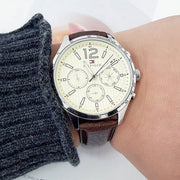  Shop Authentic Tommy Hilfiger Gavin Chronograph White Dial Brown Leather Strap Watch for Men - 1791467 - Luxxuri