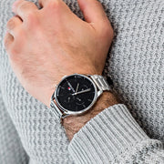  Shop Authentic Tommy Hilfiger Chase Quartz Black Dial Silver Steel Strap Watch For Men - 1791485 - Luxxuri
