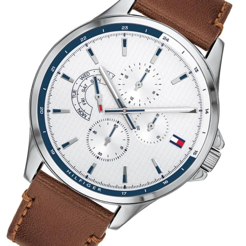  Shop Authentic Tommy Hilfiger Multi Function Quartz White Dial Brown Leather Strap Watch for Men - 1791614 - Luxxuri