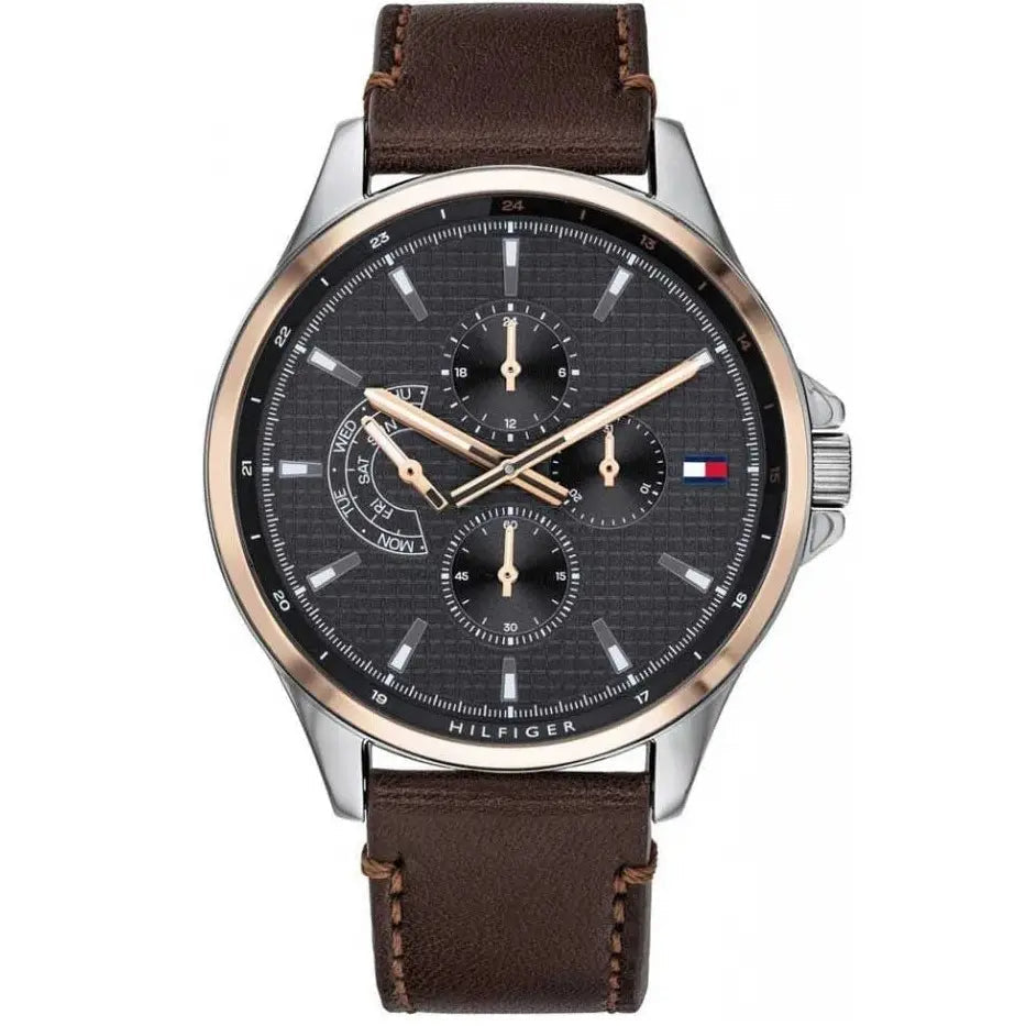  Shop Authentic Tommy Hilfiger Shawn Multifunction Grey Dial Brown Leather Strap Watch for Men - 1791615 - Luxxuri