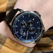  Shop Authentic Tommy Hilfiger Shawn Multifunction Quartz Blue Dial Black Leather Strap Watch for Men - 1791616 - Luxxuri