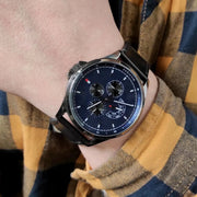  Shop Authentic Tommy Hilfiger Shawn Multifunction Quartz Blue Dial Black Leather Strap Watch for Men - 1791616 - Luxxuri