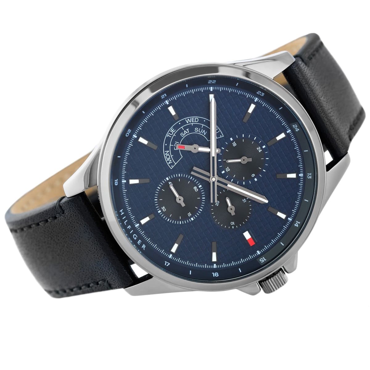  Shop Authentic Tommy Hilfiger Shawn Multifunction Quartz Blue Dial Black Leather Strap Watch for Men - 1791616 - Luxxuri