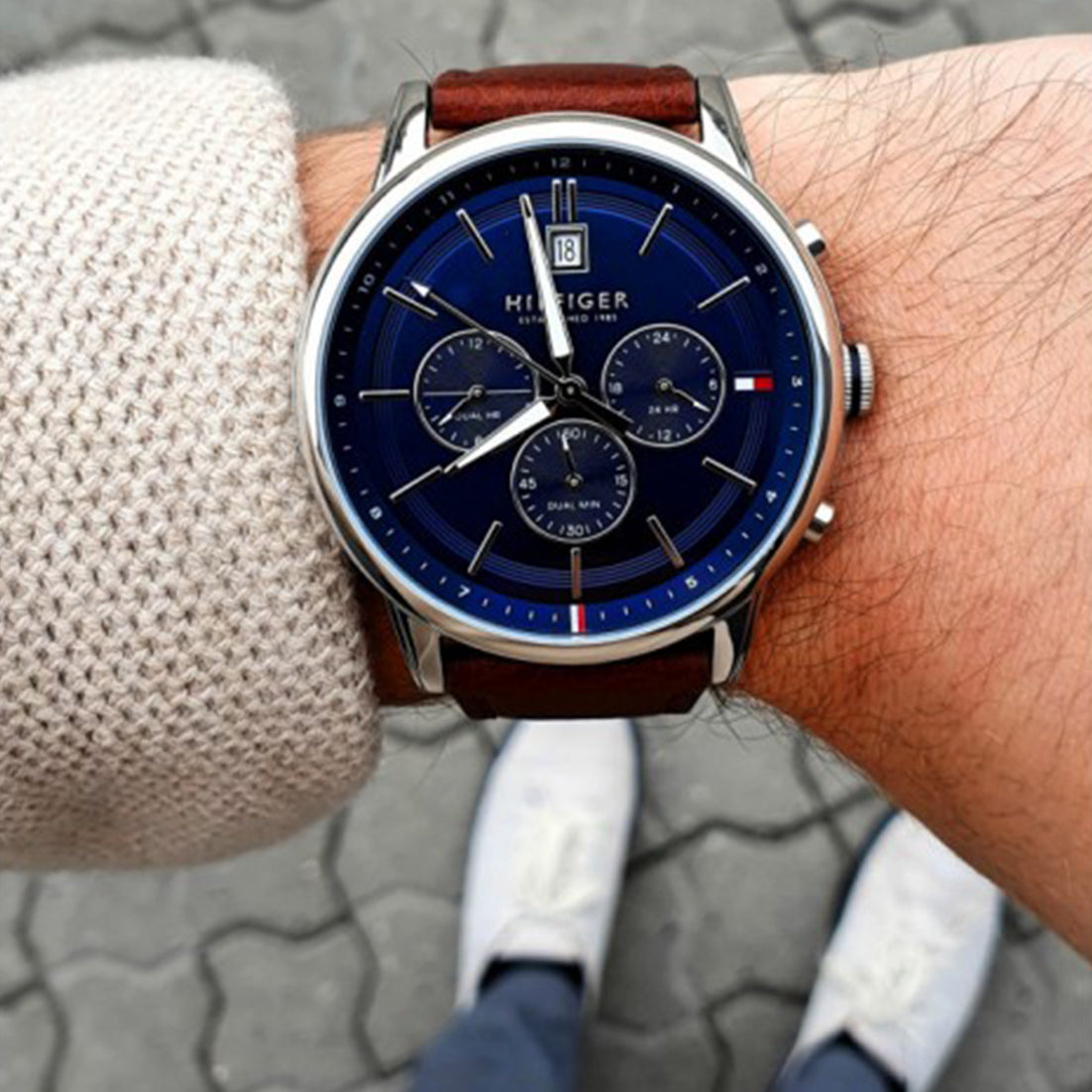  Shop Authentic Tommy Hilfiger Kyle Multifunction Blue Dial Brown Leather Strap Watch for Men - 1791629 - Luxxuri