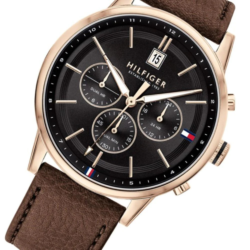 Shop Authentic Tommy Hilfiger Shawn Multifunction Grey Dial Brown Leather Strap Watch for Men - 1791615 - Luxxuri