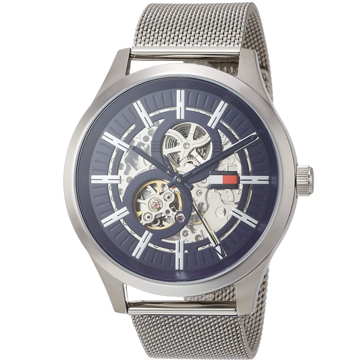  Shop Authentic Tommy Hilfiger Spencer Skeleton Black Dial Silver Mesh Bracelet Watch for Men - 1791643 - Luxxuri