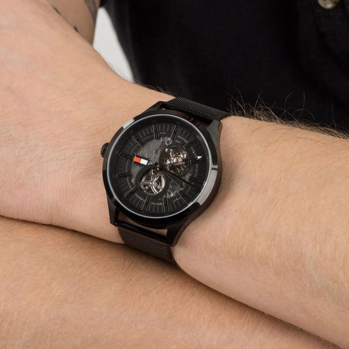  Shop Authentic Tommy Hilfiger Spencer Skeleton Black Dial Black Mesh Bracelet Watch for Men - 1791644 - Luxxuri