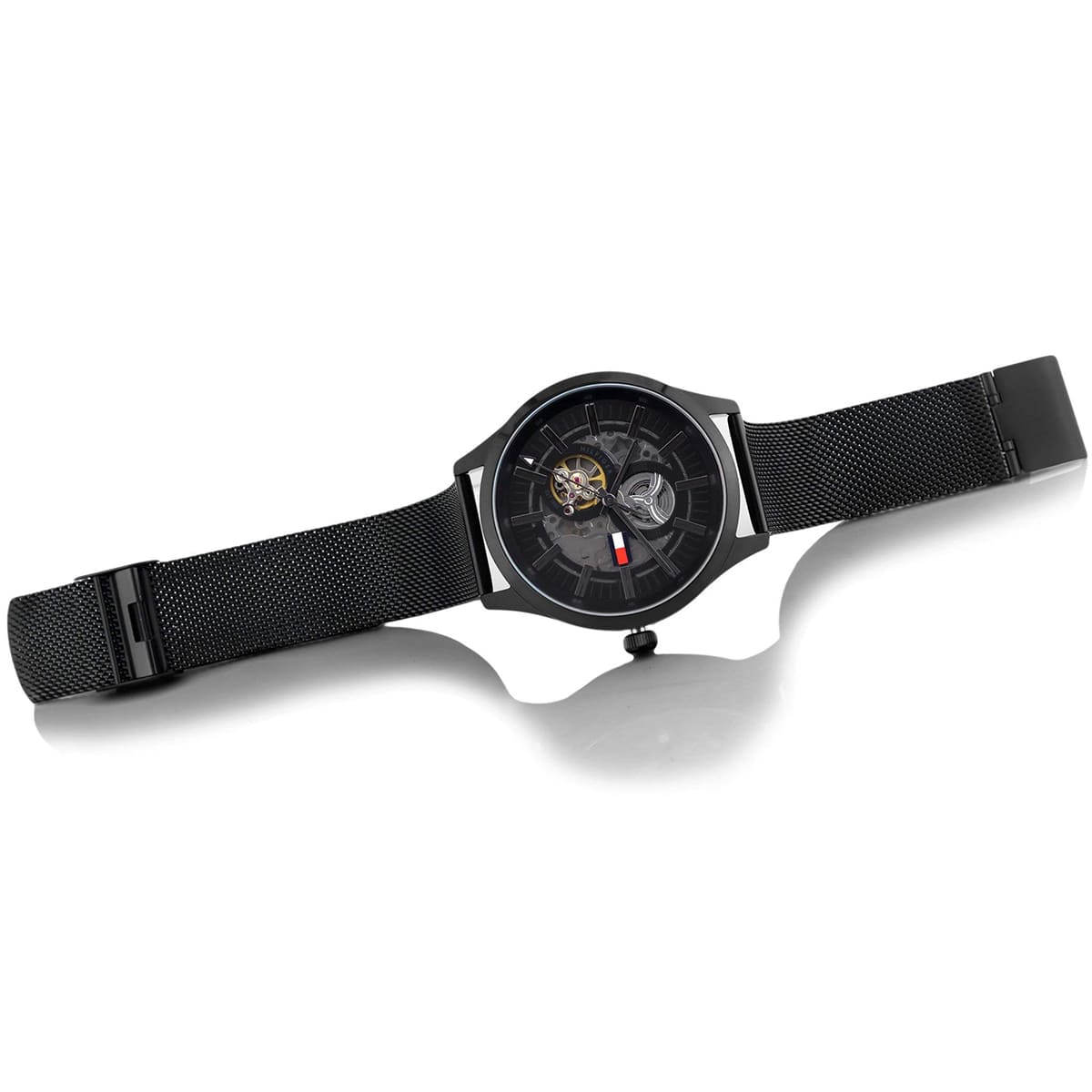  Shop Authentic Tommy Hilfiger Spencer Skeleton Black Dial Black Mesh Bracelet Watch for Men - 1791644 - Luxxuri