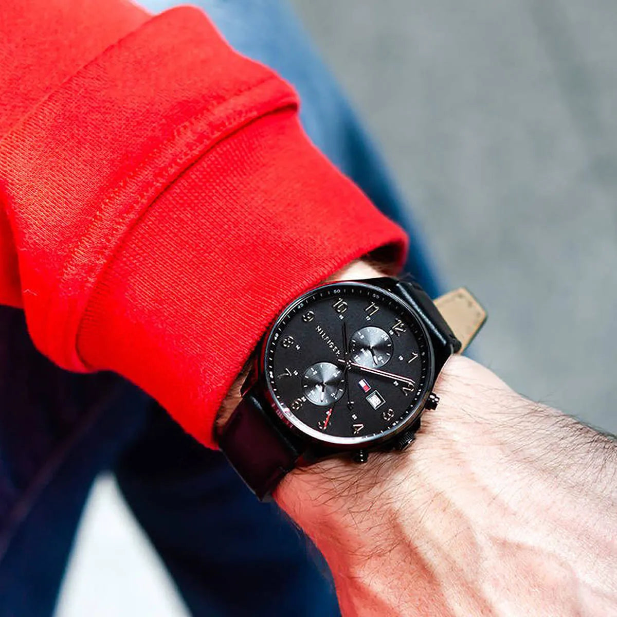  Shop Authentic Tommy Hilfiger West Chronograph Black Dial Black Leather Strap Watch For Men - 1791711 - Luxxuri