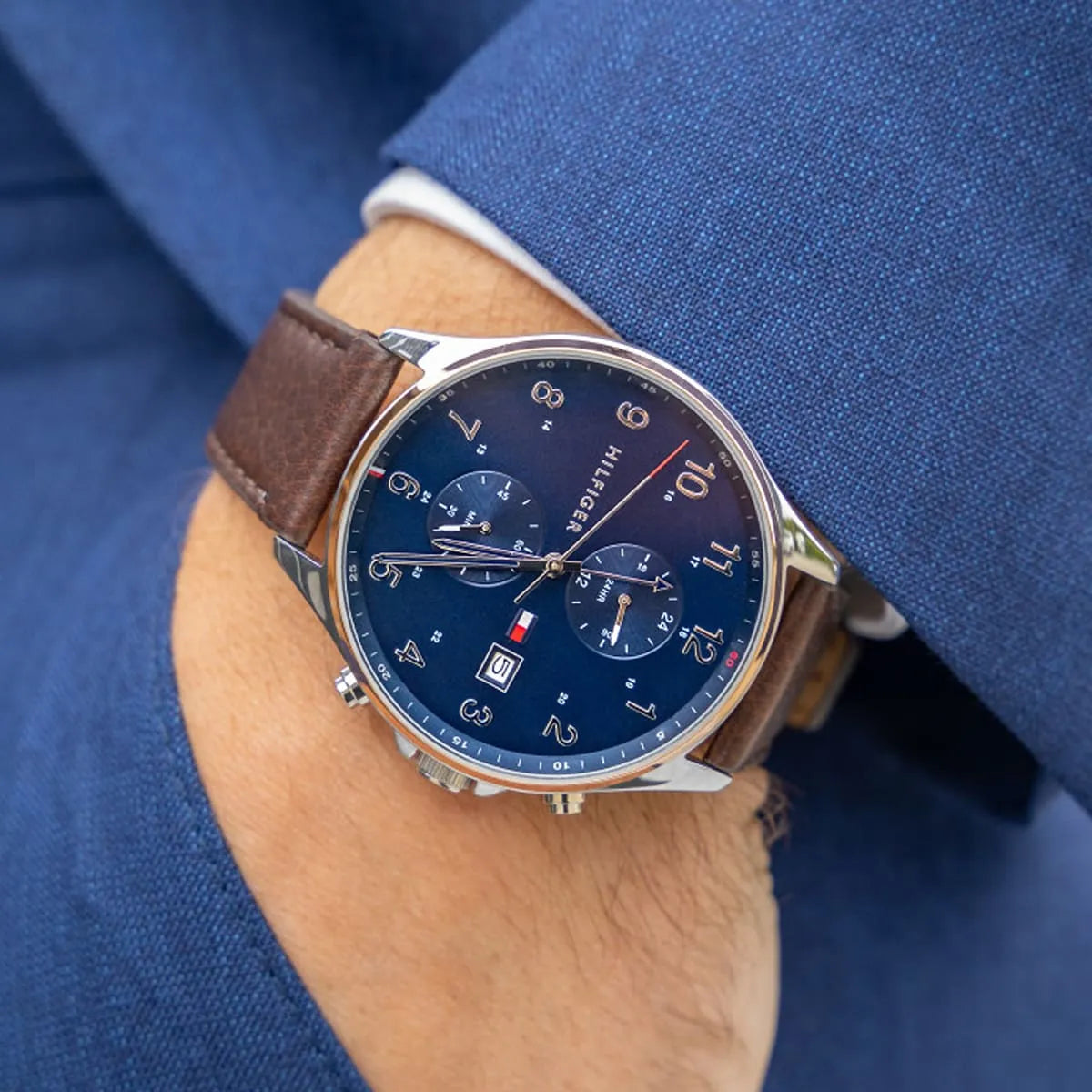  Shop Authentic Tommy Hilfiger West Chronograph Blue Dial Brown Leather Strap Watch For Men - 1791712 - Luxxuri