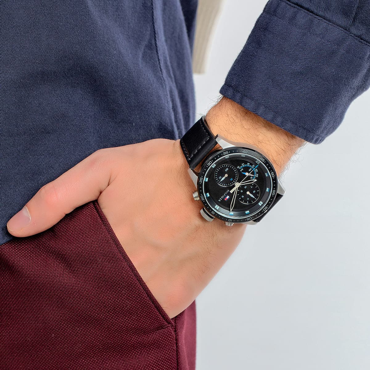  Shop Authentic Tommy Hilfiger Trent Chronograph Quartz Black Dial Black Leather Strap Watch For Men - 1791810 - Luxxuri