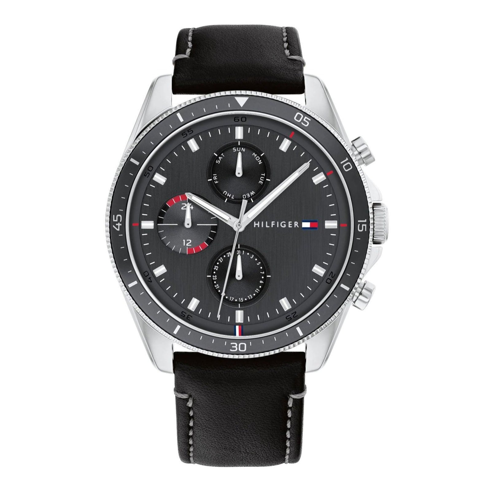  Shop Authentic Tommy Hilfiger Parker Chronograph Quartz Grey Dial Black Leather Strap Watch For Men - 1791838 - Luxxuri