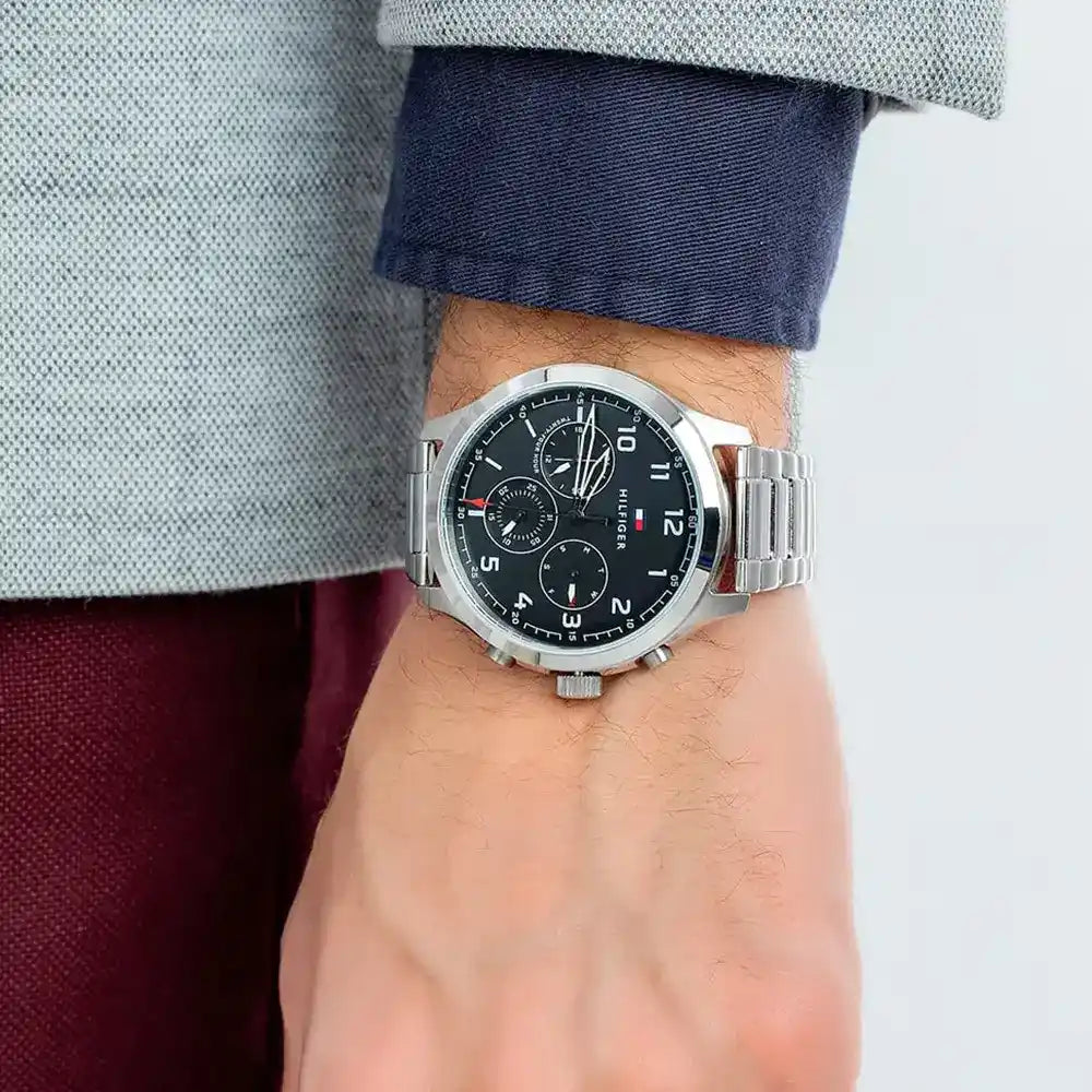  Shop Authentic Tommy Hilfiger Asher Chronograph Black Dial Silver Steel Strap Watch For Men - 1791852 - Luxxuri