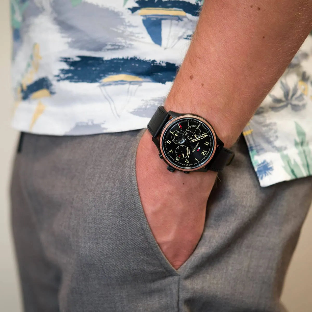  Shop Authentic Tommy Hilfiger Asher Chronograph Black Dial Black Leather Strap Watch For Men - 1791854 - Luxxuri