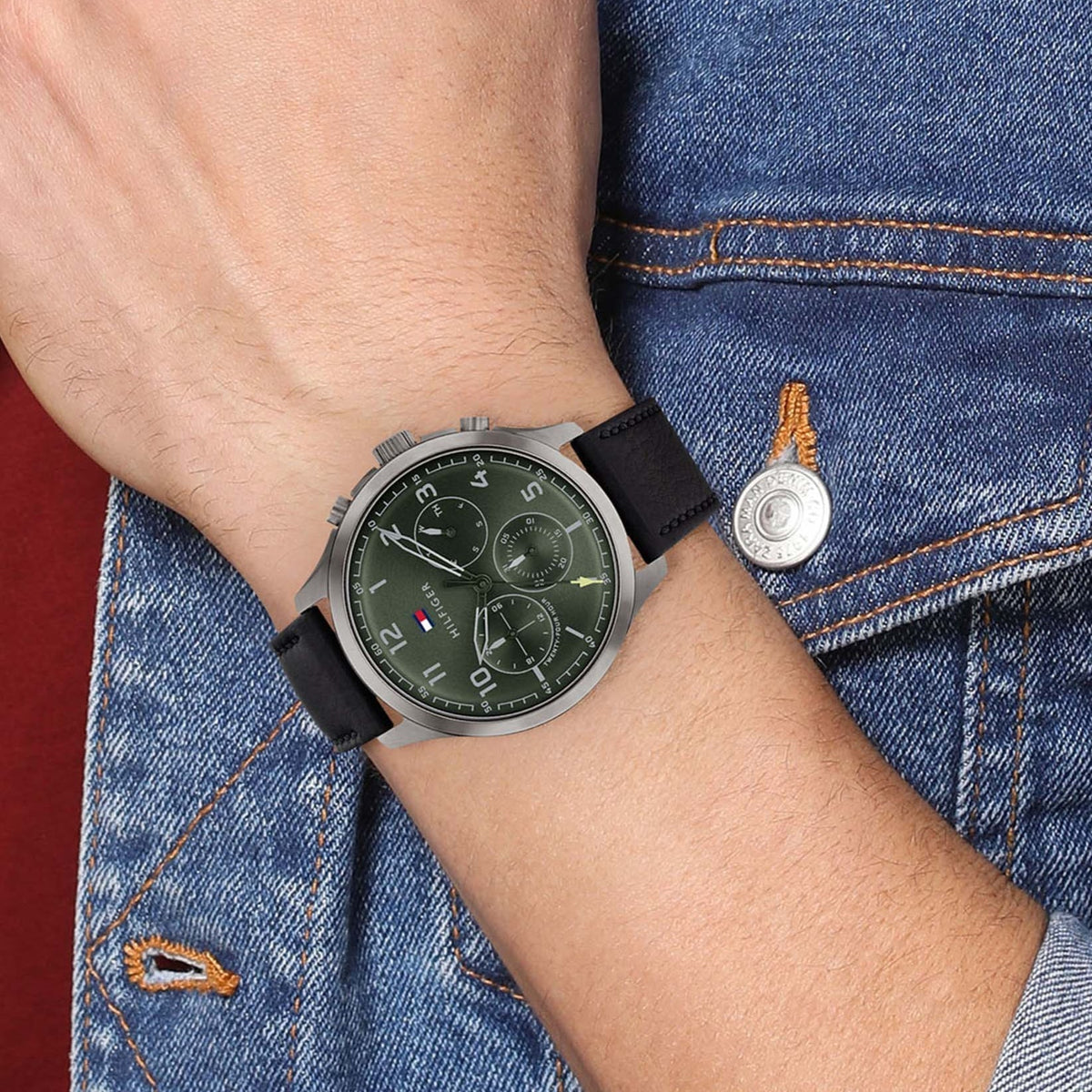  Shop Authentic Tommy Hilfiger Asher Chronograph Green Dial Black Leather Strap Watch For Men - 1791856 - Luxxuri
