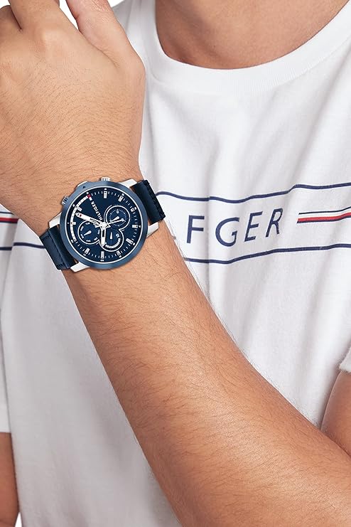  Shop Authentic Tommy Hilfiger Clark Chronograph Blue Dial Black Leather Strap Watch For Men - 1792083 - Luxxuri