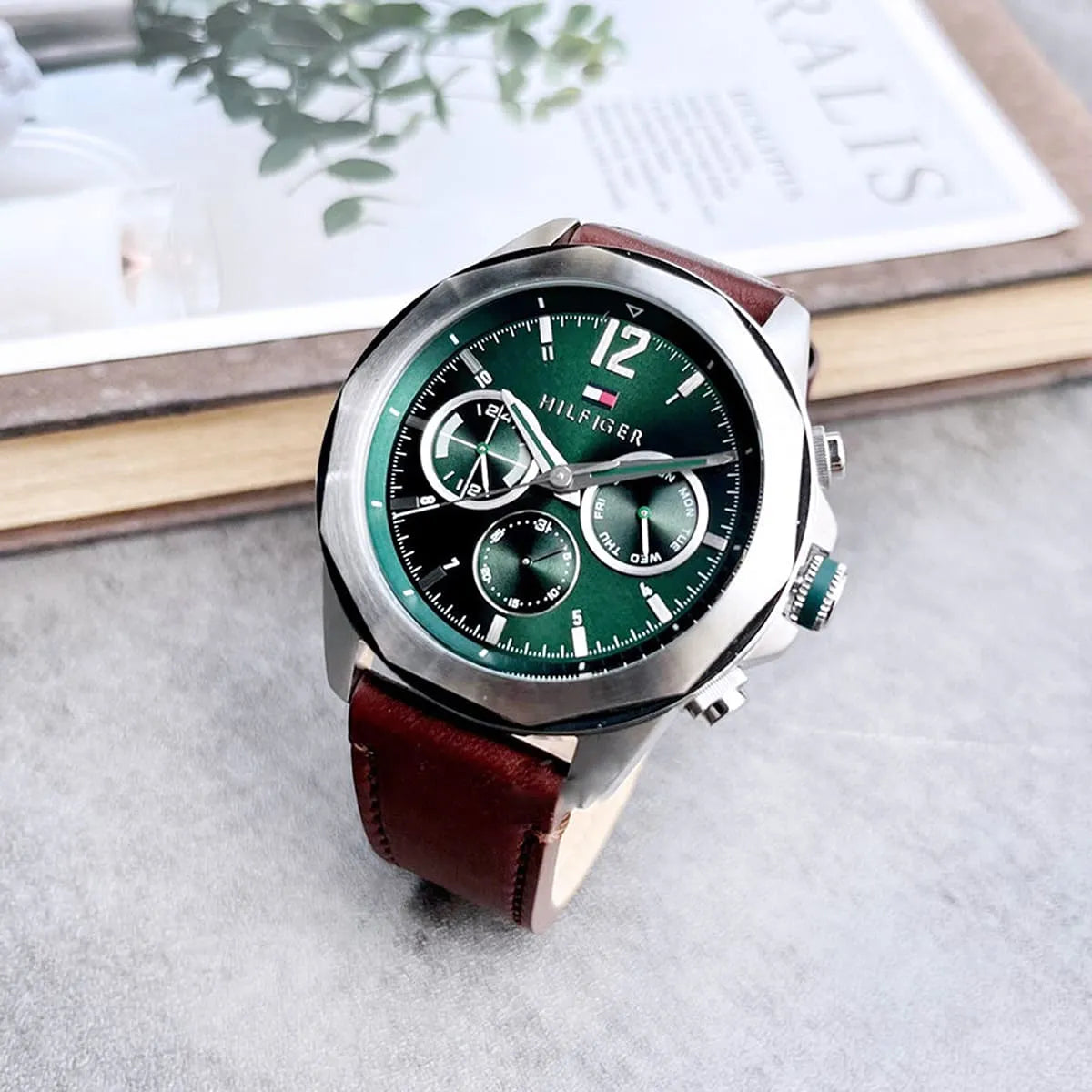  Shop Authentic Tommy Hilfiger Lars Chronograph Green Dial Brown Leather Strap Watch For Men - 1792064 - Luxxuri