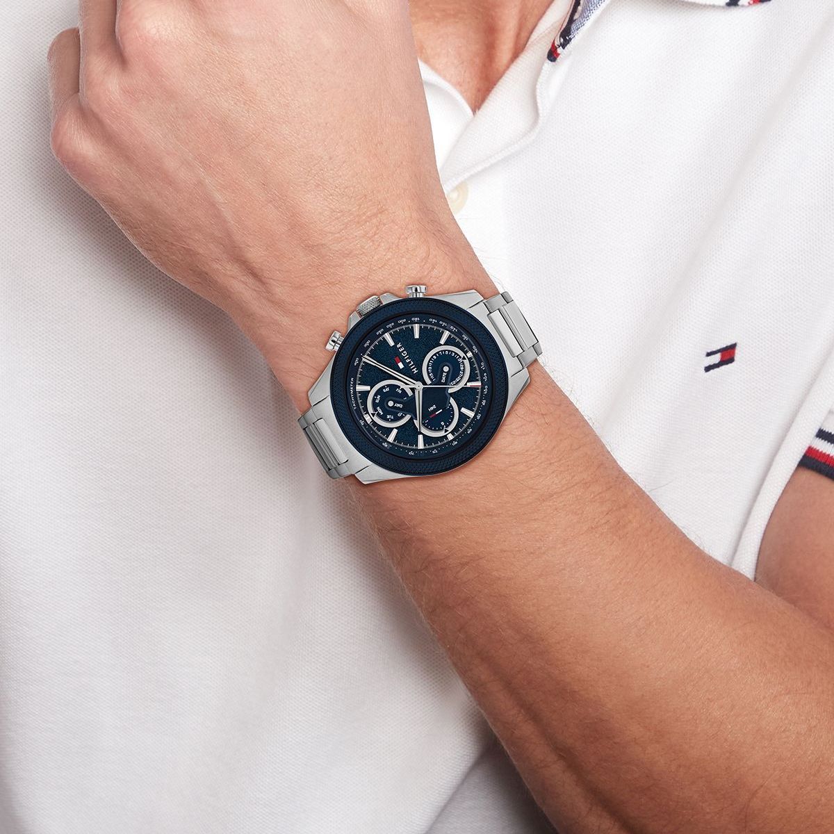  Shop Authentic Tommy Hilfiger Clark Chronograph Blue Dial Silver Steel Strap Watch For Men - 1792080 - Luxxuri