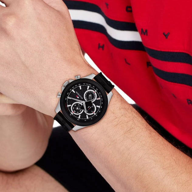  Shop Authentic Tommy Hilfiger Clark Chronograph Black Dial Black Rubber Strap Watch For Men - 1792082 - Luxxuri