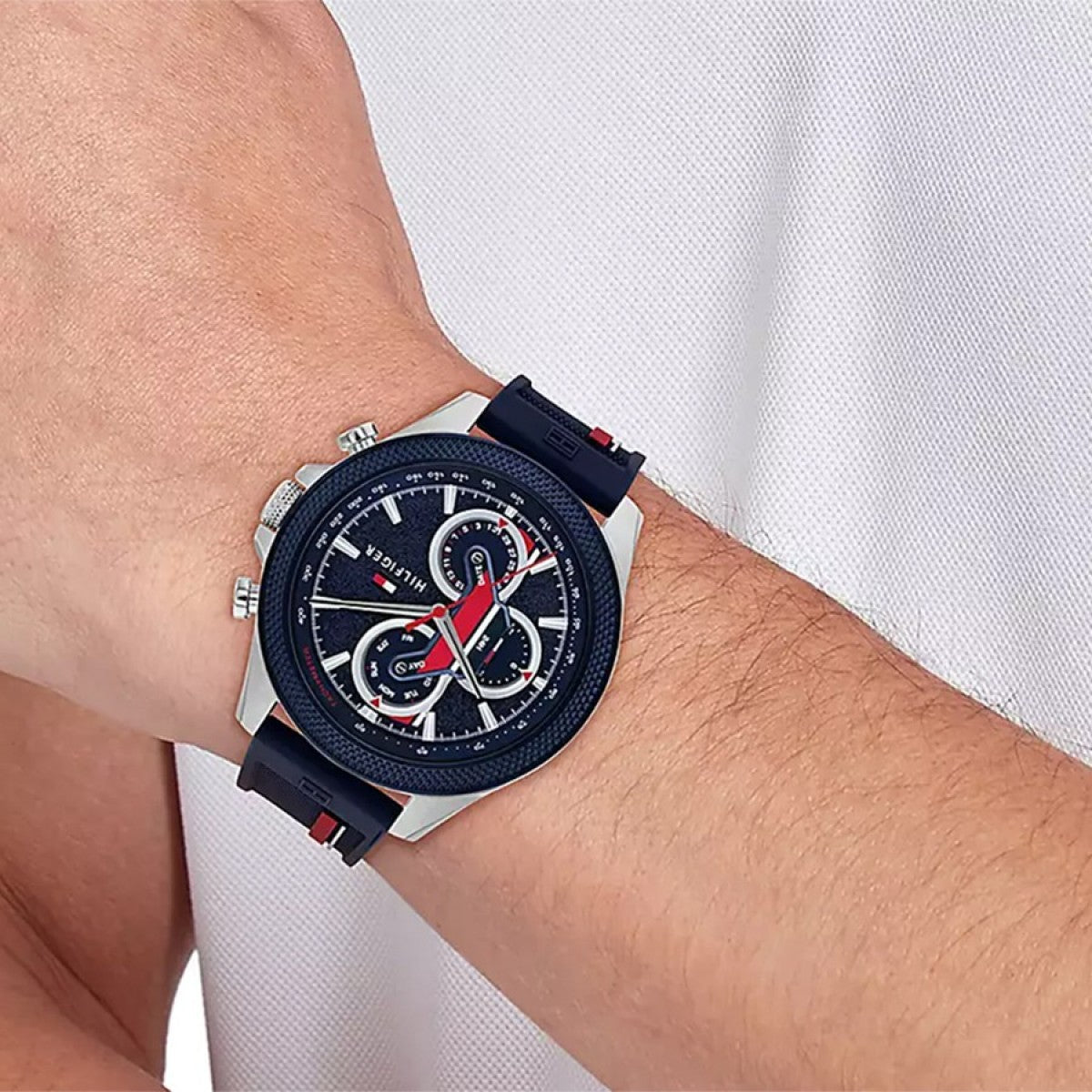  Shop Authentic Tommy Hilfiger Clark Chronograph Blue Dial Black Leather Strap Watch For Men - 1792083 - Luxxuri