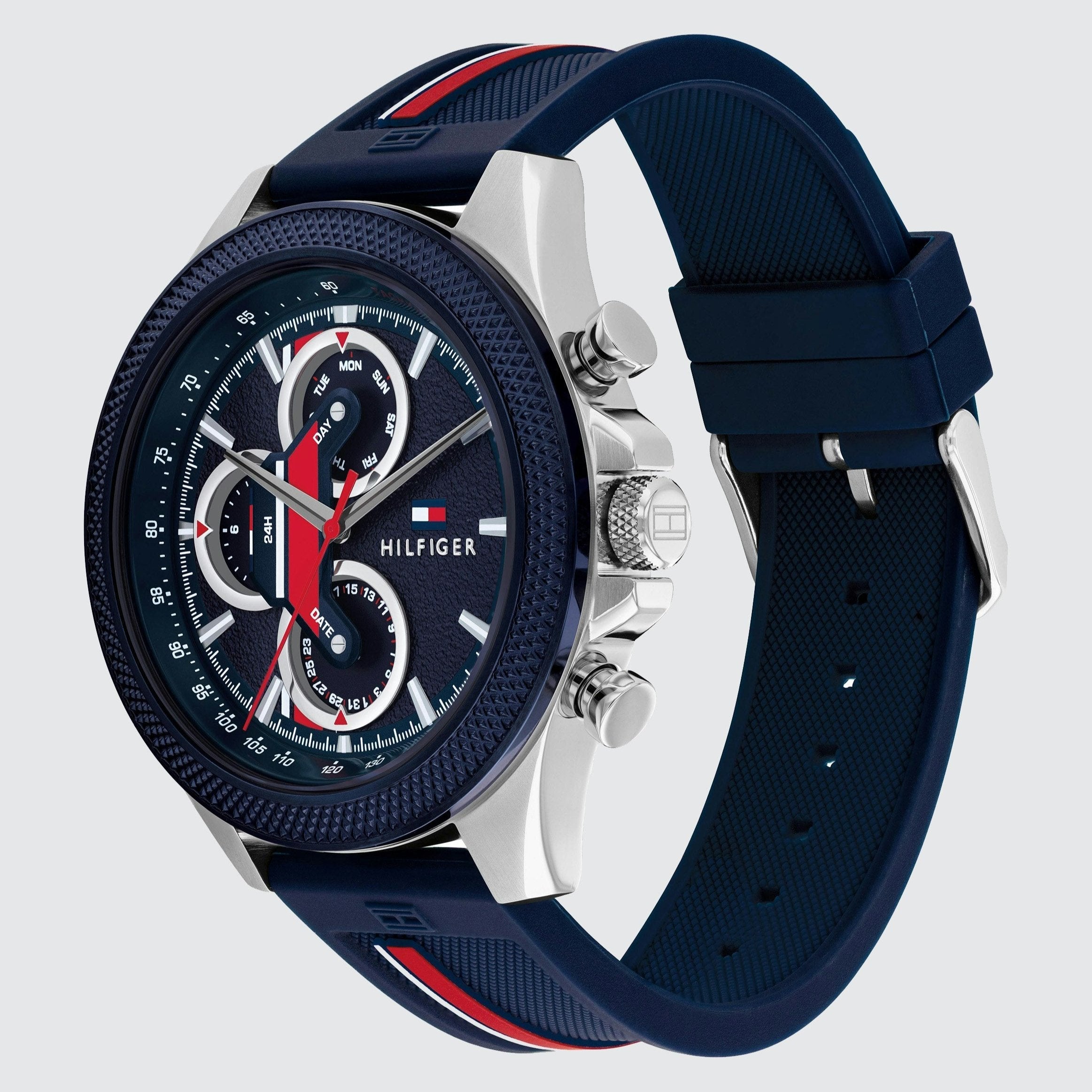  Shop Authentic Tommy Hilfiger Clark Chronograph Blue Dial Black Leather Strap Watch For Men - 1792083 - Luxxuri