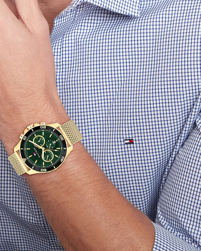  Shop Authentic Tommy Hilfiger Jordan Chronograph Green Dial Gold Mesh Strap Watch For Men - 1792093 - Luxxuri