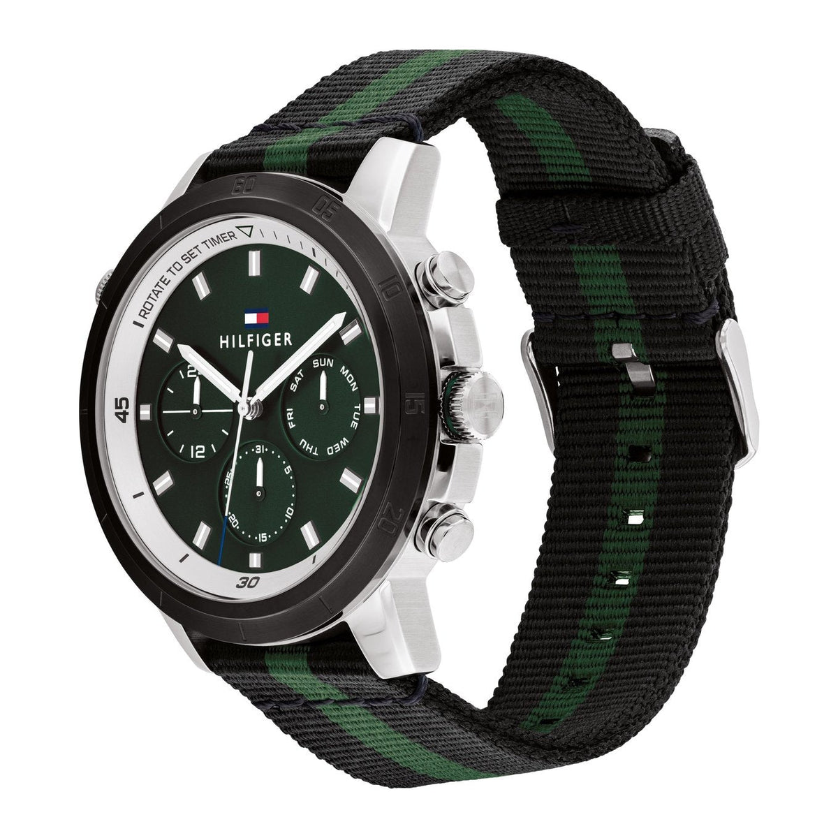  Shop Authentic Tommy Hilfiger Troy Chronograph Green Dial Two Tone Nylon Strap Watch For Men - 1792107 - Luxxuri