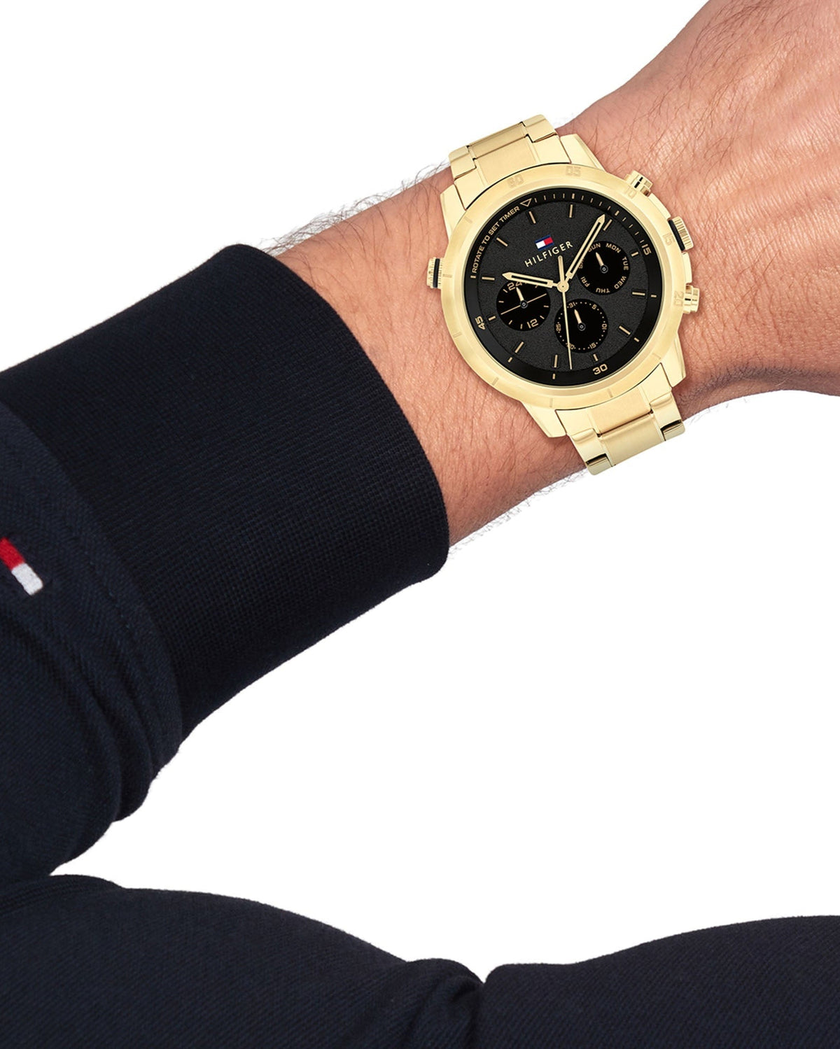  Shop Authentic Tommy Hilfiger Troy Chronograph Black Dial Gold Steel Strap Watch For Men - 1792109 - Luxxuri