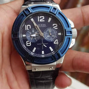  Shop Authentic Guess Rigor Multifunction Chronograph Blue Dial Blue Leather Strap Watch For Men - W0040G7 - Luxxuri