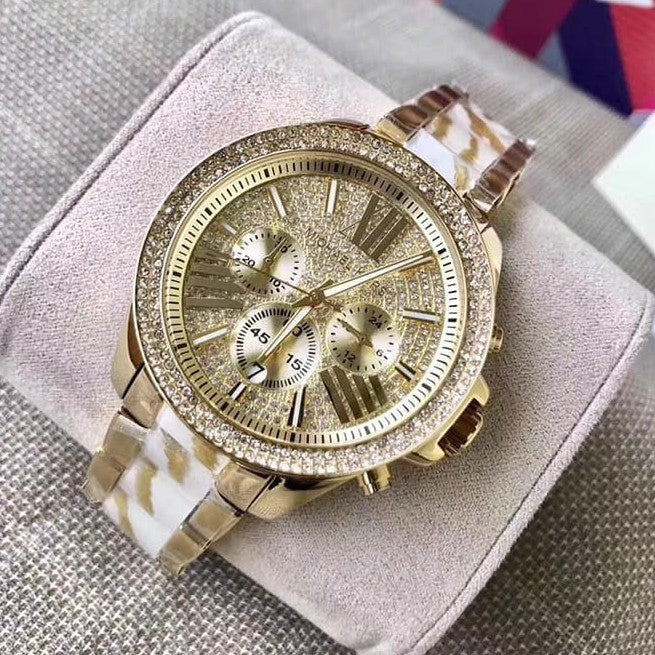  Shop Authentic Michael Kors Wren Chronograph Crystal Pave Gold Dial Gold Steel Strap Watch for Women - MK6095 - Luxxuri