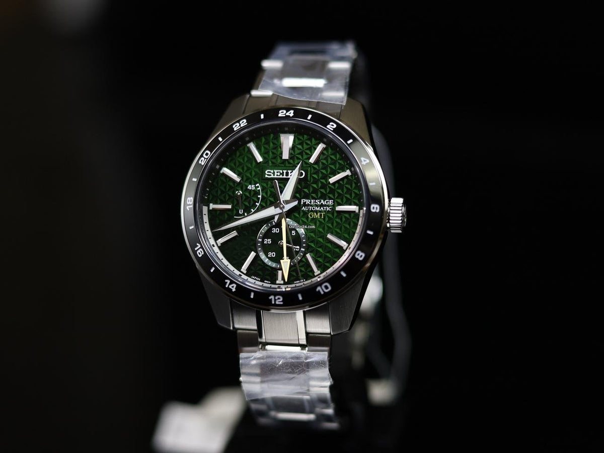  Shop Authentic Seiko Presage Sharp Edged Series GMT Green Dial Silver Steel Strap Watch For Men - SPB219J1 - Luxxuri