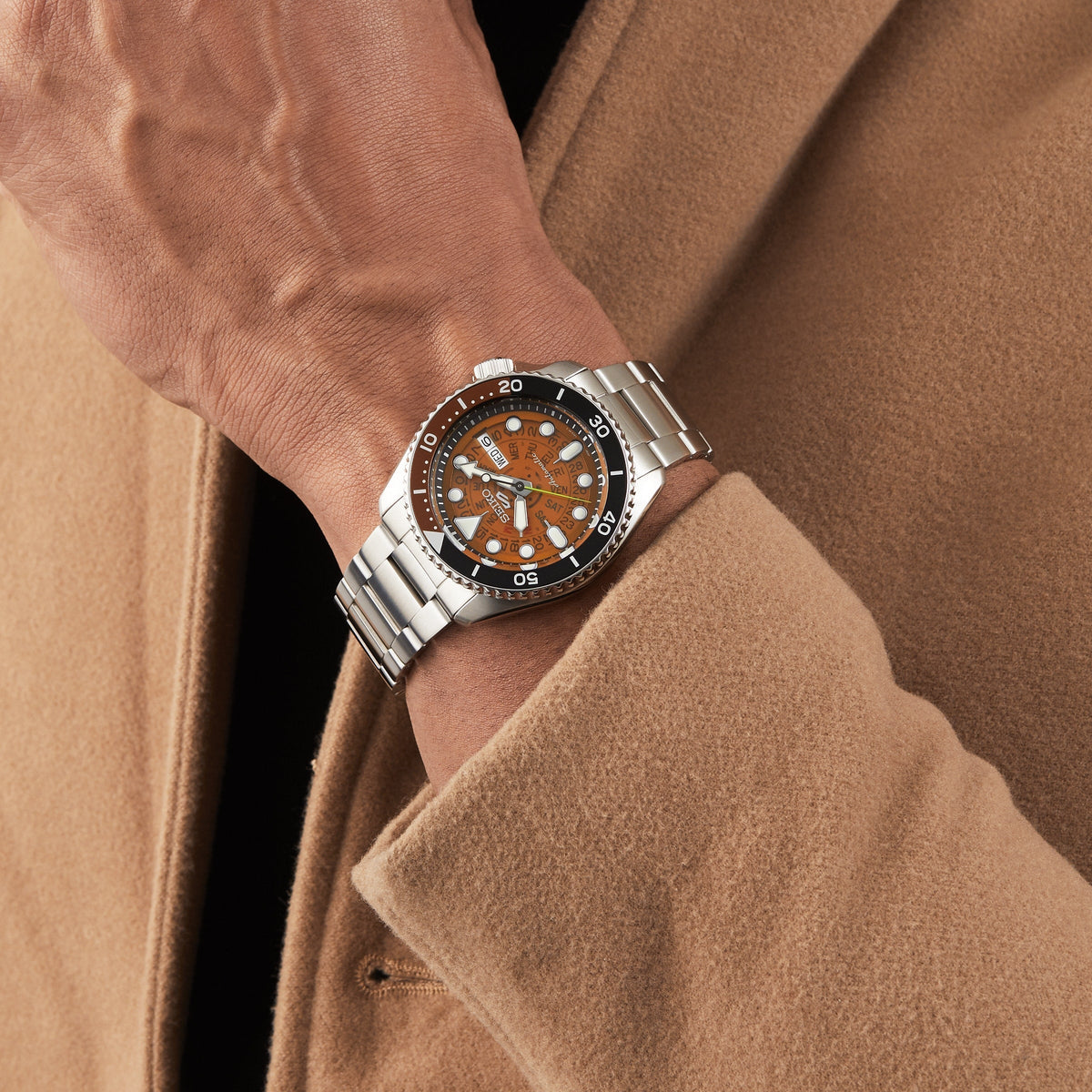 Shop Authentic Seiko 5 Sports Sonar Special Edition Brown Dial Silver Steel Strap Watch For Men - SRPJ47K1 - Luxxuri