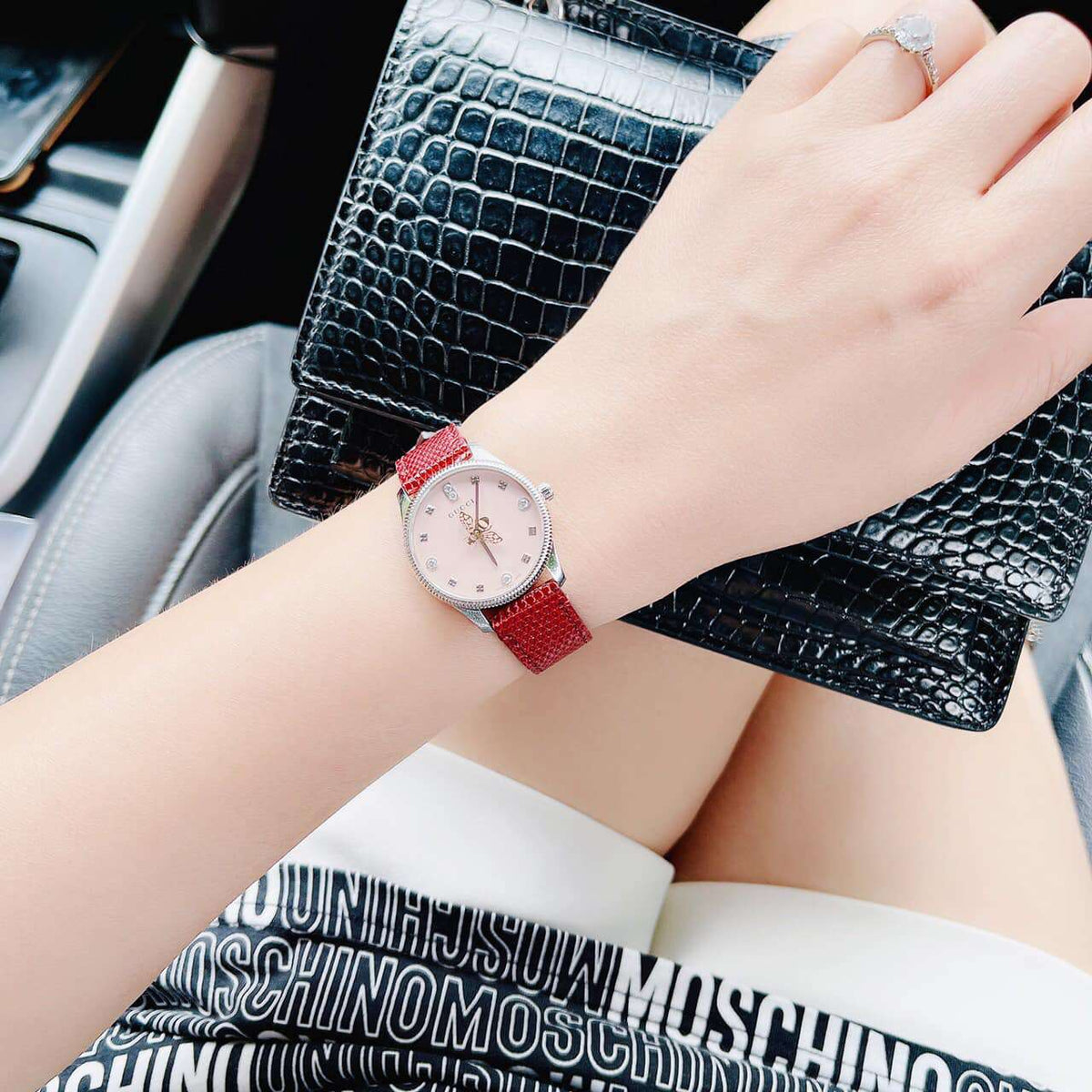  Shop Authentic Gucci G Timeless Quartz Diamonds Pink Dial Red Leather Strap Watch For Women - YA1265017 - Luxxuri
