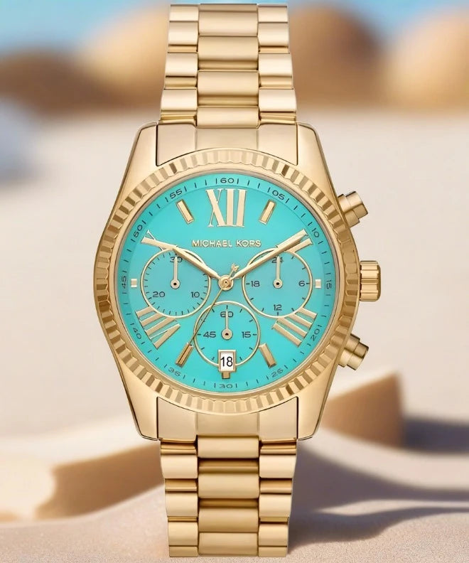  Shop Authentic Michael Kors Lexington Chronograph Blue Dial Gold Steel Strap Watch For Women - MK7216 - Luxxuri