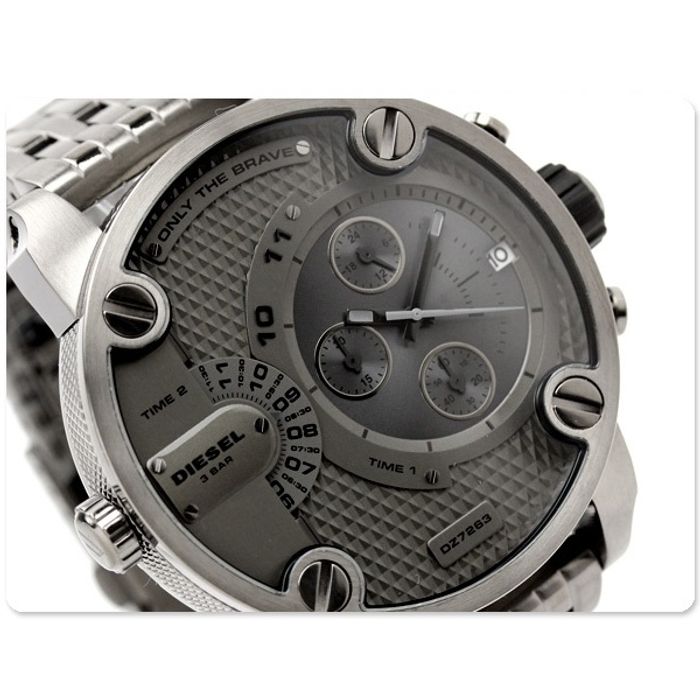  Shop Authentic Diesel Little Daddy Dual Time Chronograph Grey Dial Stainless Steel Strap Watch For Men - DZ7263 - Luxxuri