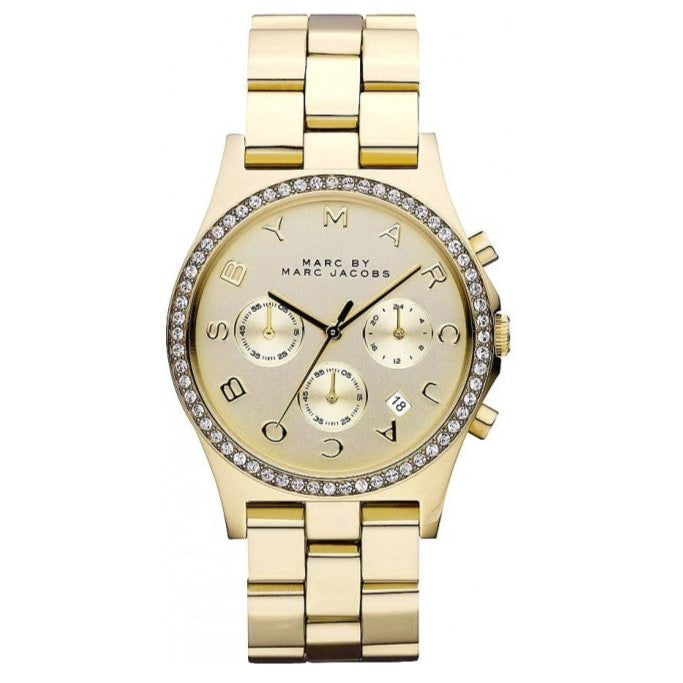  Shop Authentic Marc Jacobs Henry Chronograph Gold Dial Gold Steel Strap Watch for Women - MBM3105 - Luxxuri
