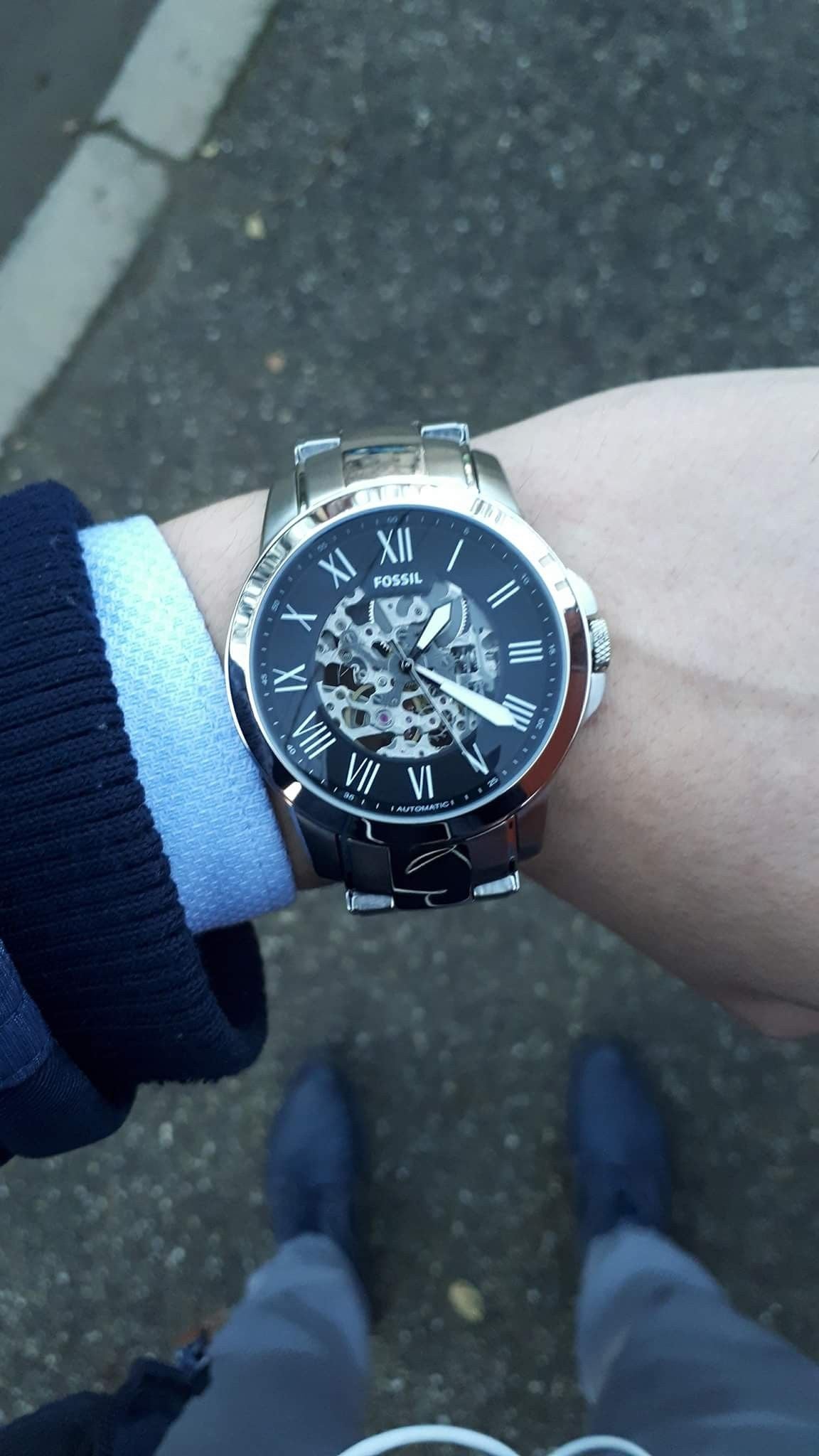  Shop Authentic Fossil Grant Automatic Skeleton Black Dial Silver Steel Strap Watch for Men - ME3103 - Luxxuri