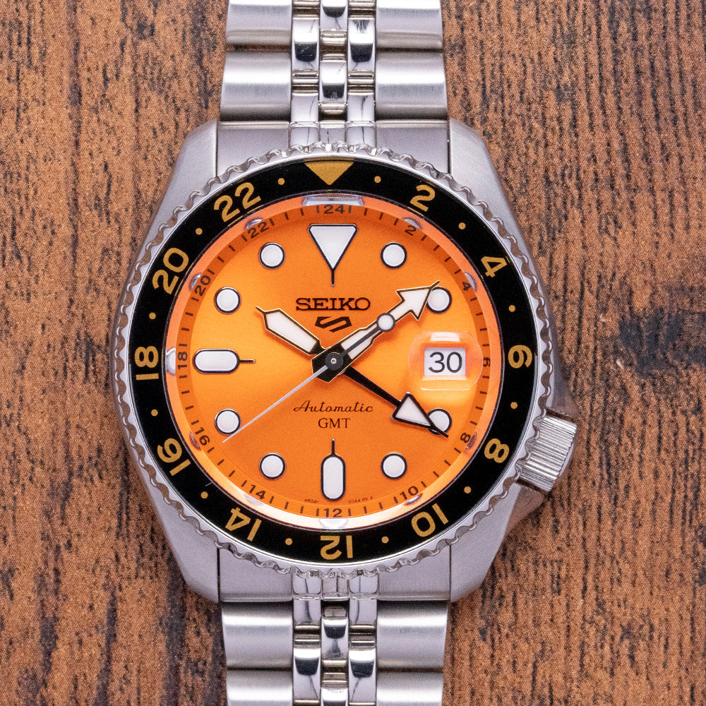  Shop Authentic Seiko 5 Sports GMT Automatic Orange Dial Silver Steel Strap Watch For Men - SSK005K1 - Luxxuri