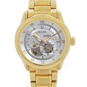  Shop Authentic Bulova BVA Skeleton Silver Dial Gold Steel Strap Watch for Men - 97A108 - Luxxuri