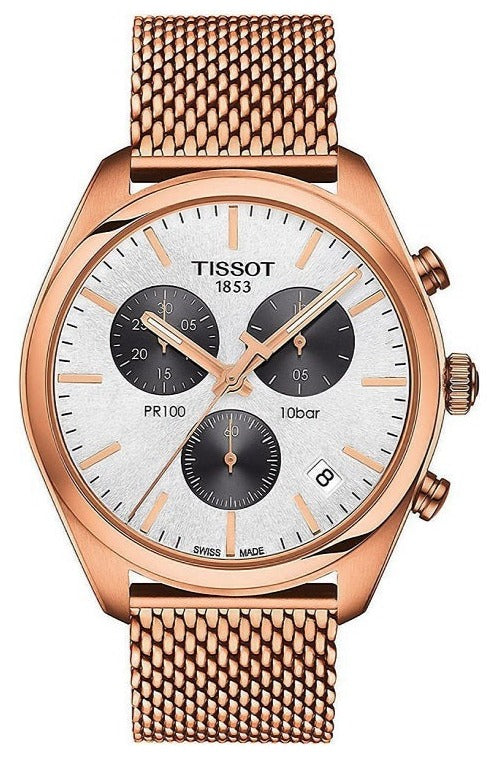  Shop Authentic Tissot T Classic PR 100 Chronograph Silver Dial Rose Gold Mesh Bracelet Watch For Men - T101.417.33.031.01 - Luxxuri