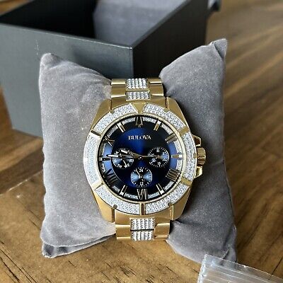  Shop Authentic Bulova Crystal Collection Blue Dial Gold Steel Strap Watch for Men - 98C128 - Luxxuri