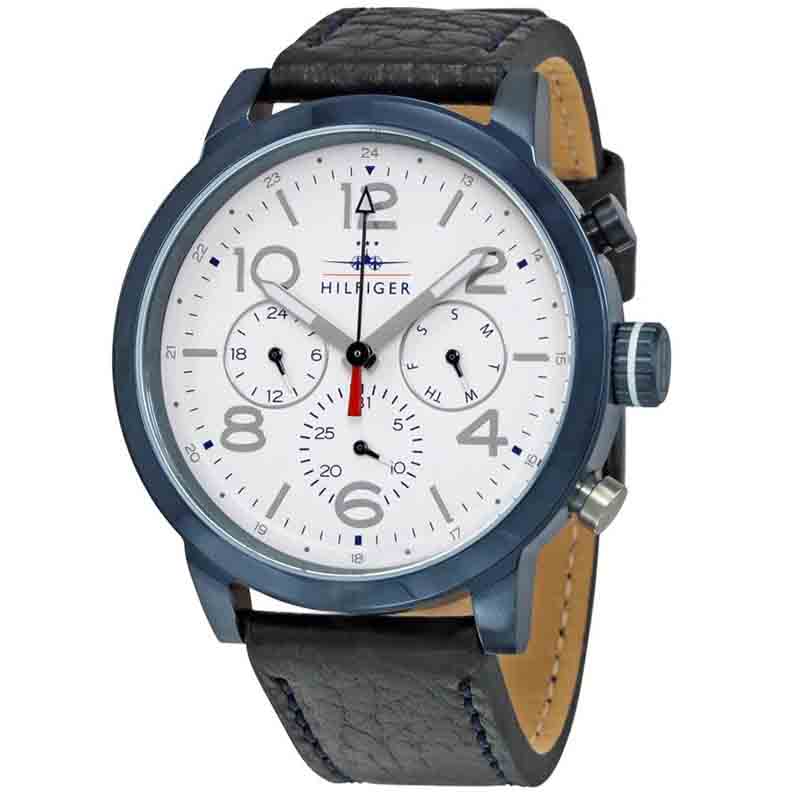  Shop Authentic Tommy Hilfiger Jake Multi Function Quartz White Dial Black Leather Strap Watch for Men - 1791235 - Luxxuri