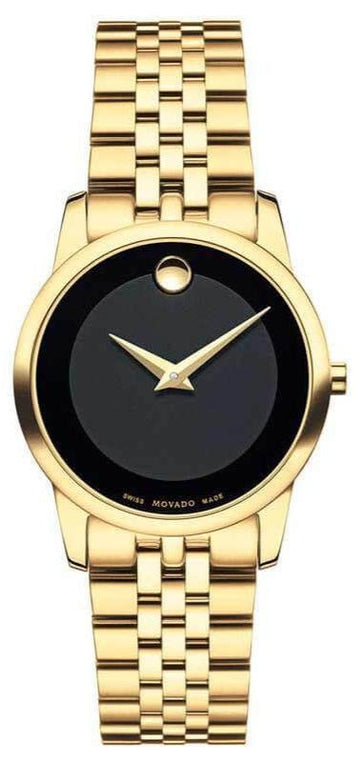  Shop Authentic Movado Museum Classic Quartz Black Dial Gold Steel Strap Watch For Women - 0607005 - Luxxuri
