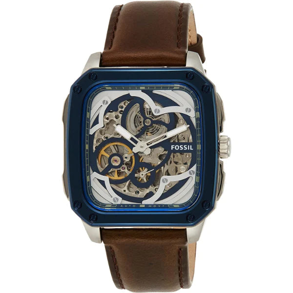  Shop Authentic Fossil Inscription Automatic Skeleton Blue Dial Brown Leather Strap Watch for Men - BQ2571 - Luxxuri