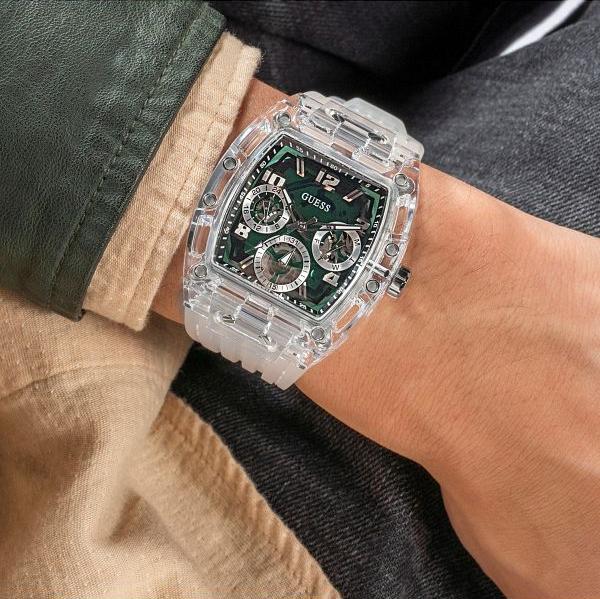  Shop Authentic Guess Phoenix Quartz Green Dial Transparent Silicone Strap Watch For Men - GW0499G8 - Luxxuri
