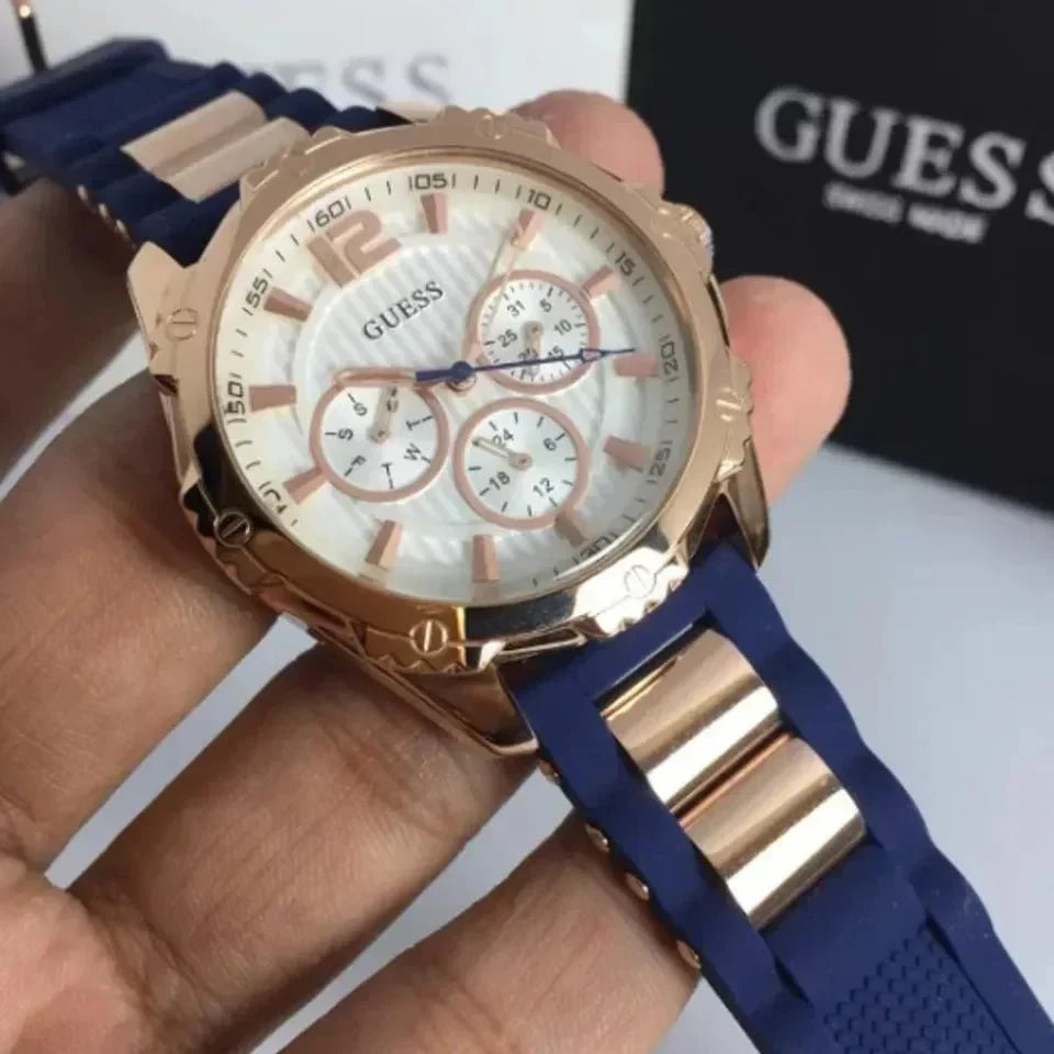  Shop Authentic Guess Interpid White & Rose Gold Dial Blue Silicone Strap Watch For Women - W0325L8 - Luxxuri