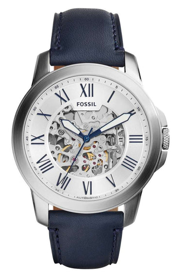  Shop Authentic Fossil Grant Automatic Skeleton Silver Dial Blue Leather Strap Watch for Men - ME3111 - Luxxuri