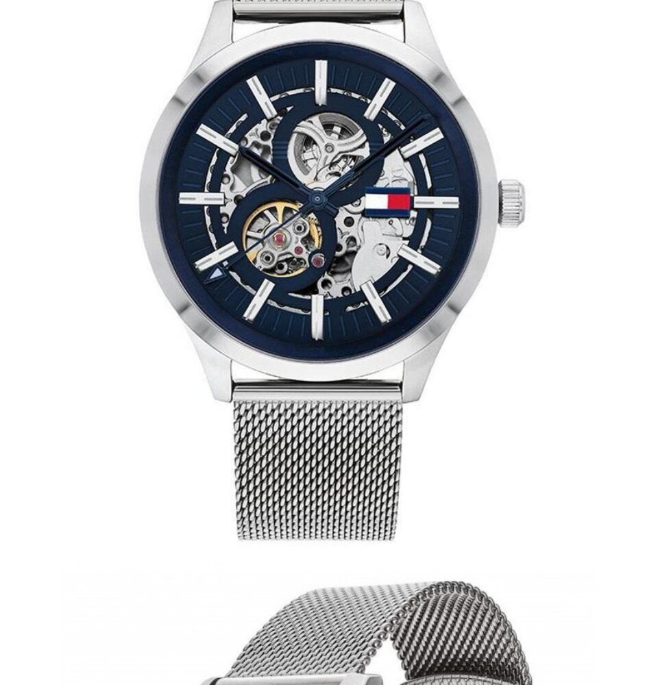  Shop Authentic Tommy Hilfiger Spencer Skeleton Black Dial Silver Mesh Bracelet Watch for Men - 1791643 - Luxxuri