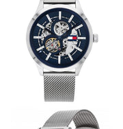  Shop Authentic Tommy Hilfiger Spencer Skeleton Black Dial Silver Mesh Bracelet Watch for Men - 1791643 - Luxxuri